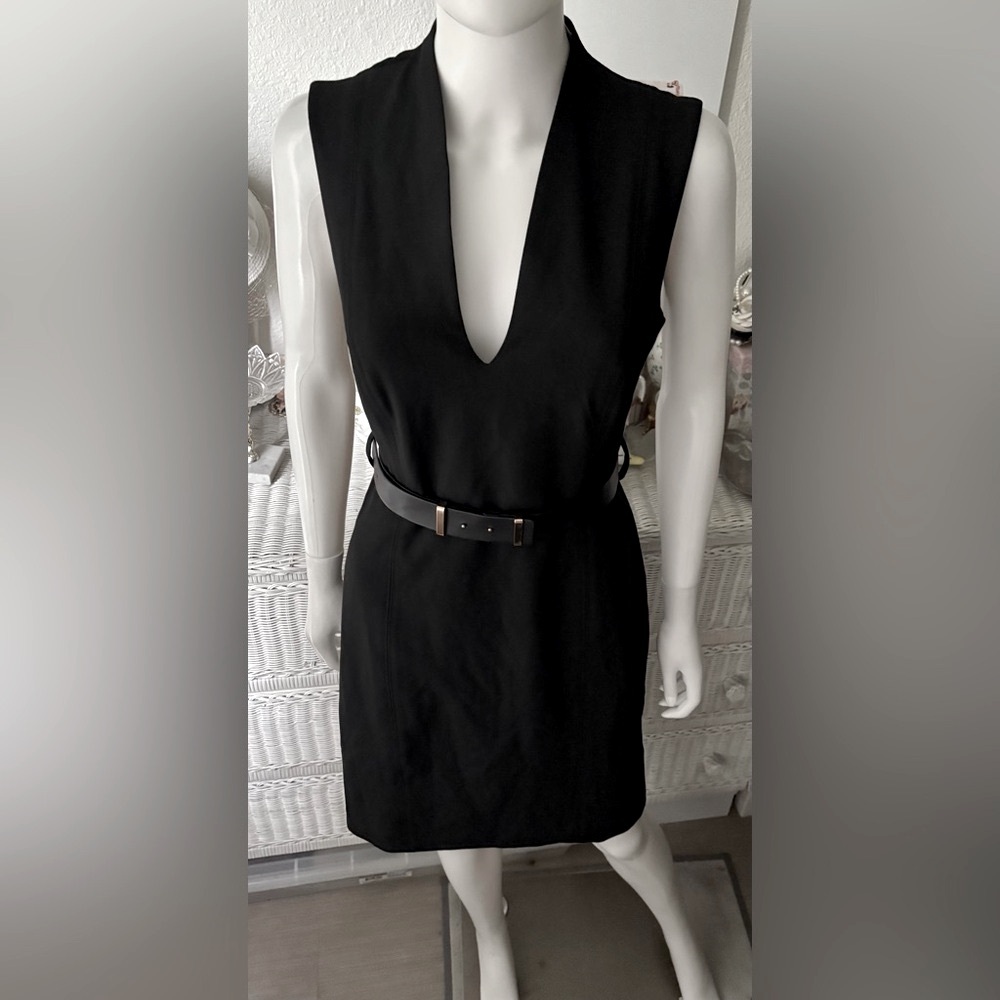 MNG by Mango Work Dress Low Cut Revealing Fitted Removable Belt in Black Size S